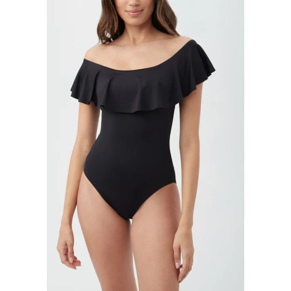 Trina Turk Monaco Off The Shoulder Ruffle One Piece Swimsuit Bathing Suit Black